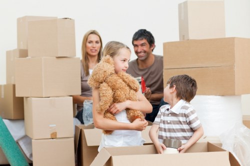 Professional movers carrying household items during a move